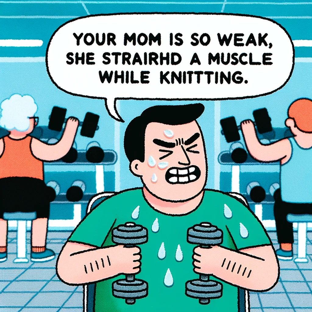 A humorous gym scene showing someone struggling to lift a small dumbbell. The person is sweating and making a strained expression, highlighting the difficulty. The gym setting is typical with other gym-goers lifting heavier weights with ease in the background, creating a contrast. The caption at the bottom reads, "Your mom is so weak, she strained a muscle while knitting." The image should have a light-hearted, comedic tone.