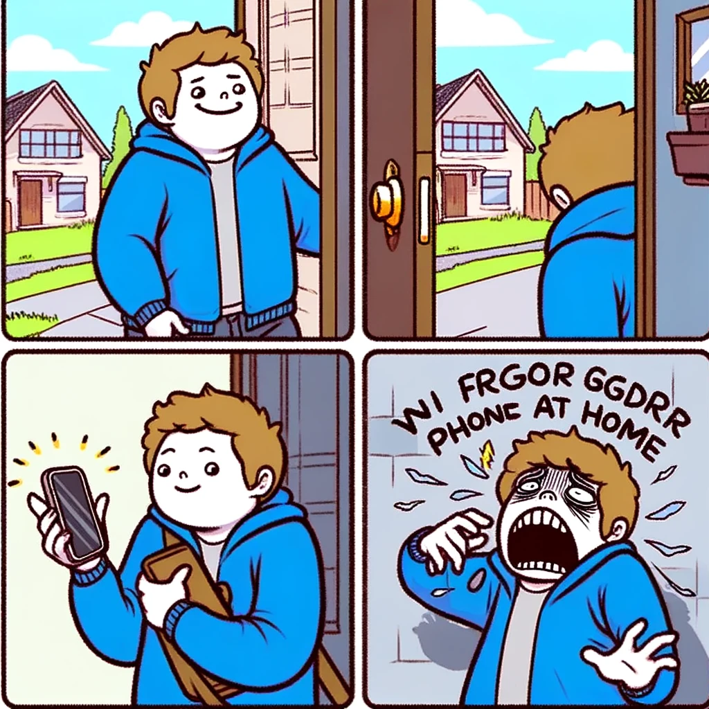 A two-panel meme. Panel 1: A person walking out the door looking happy and content. Panel 2: The same person with a horrified and angry expression, patting their pockets and realizing they forgot their phone at home. The setting is outside a house, showing a typical residential street.