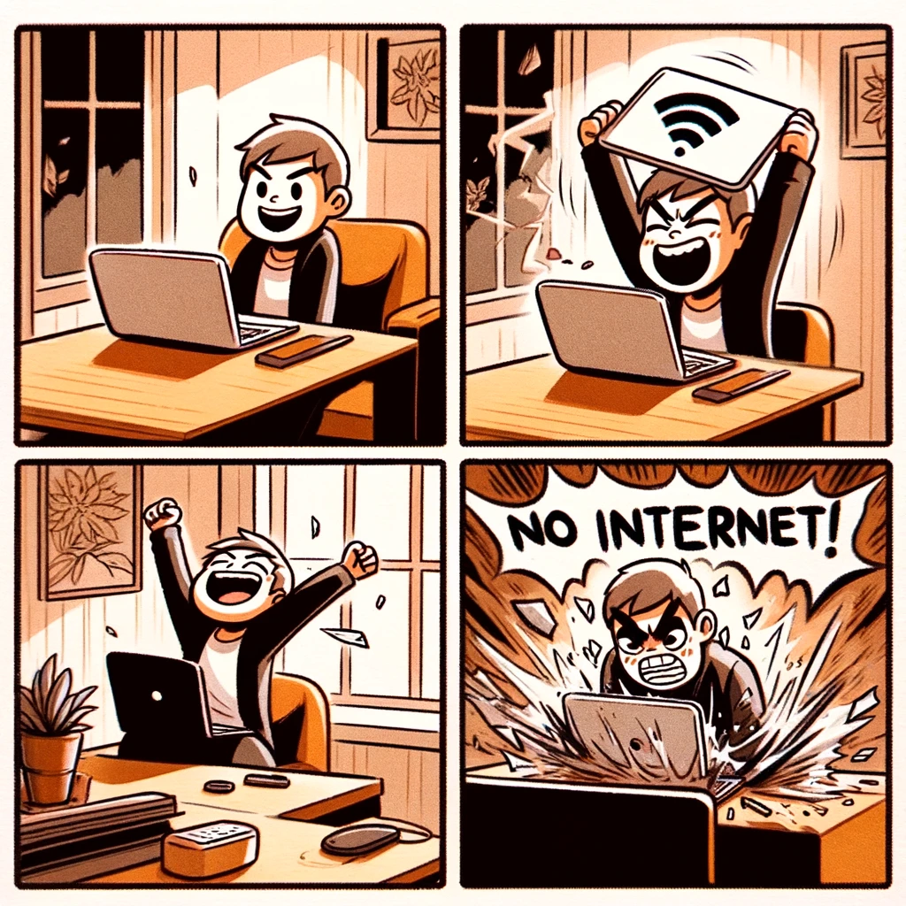 A two-panel meme. Panel 1: A person happily opening their laptop, excited to use the internet. Panel 2: The same person in a fit of rage, smashing the laptop with a Wi-Fi symbol and a 'no internet' sign appearing in the background. The setting is a cozy room with a desk and a laptop.