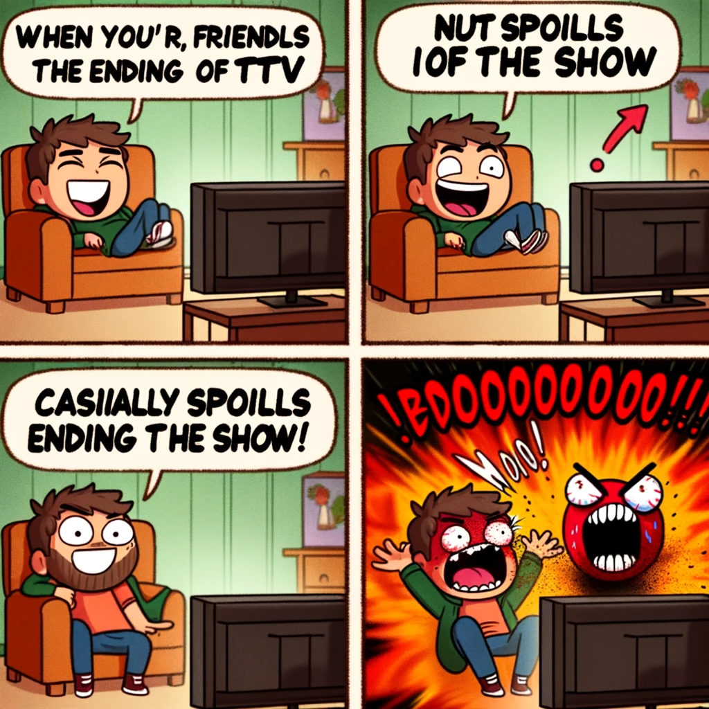 A two-panel meme. Panel 1: A person excitedly watching TV, looking very happy. Panel 2: A friend comes in and casually spoils the ending of the show, with the TV viewer's face turning red with anger. The setting is a living room with a TV. Include speech bubbles for the friend's spoiler and the viewer's angry response.