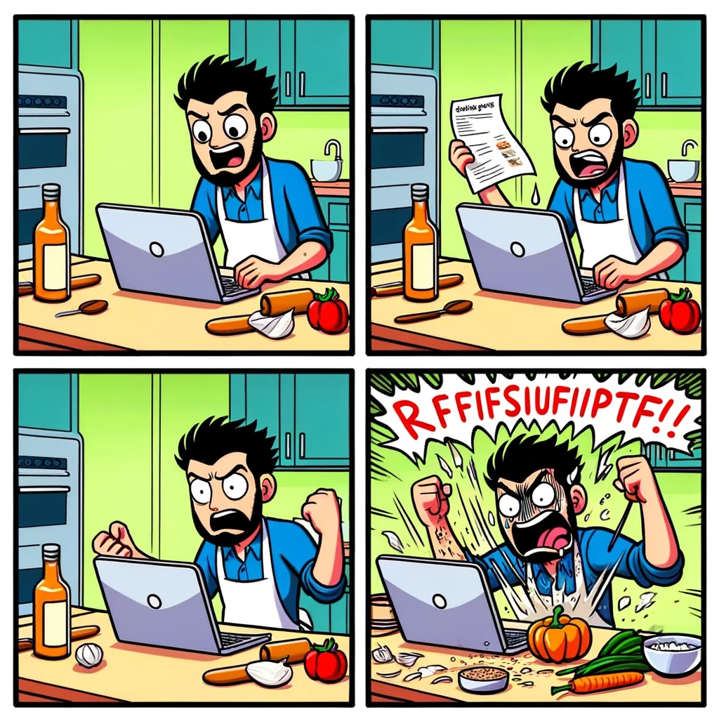 A two-panel meme. Panel 1: Someone looking optimistic in the kitchen with cooking ingredients, ready to follow an online recipe. Panel 2: The same person's expression turns to frustration and anger due to the recipe's complexity or missing steps. The kitchen setting should have a laptop or tablet with a recipe on the screen.