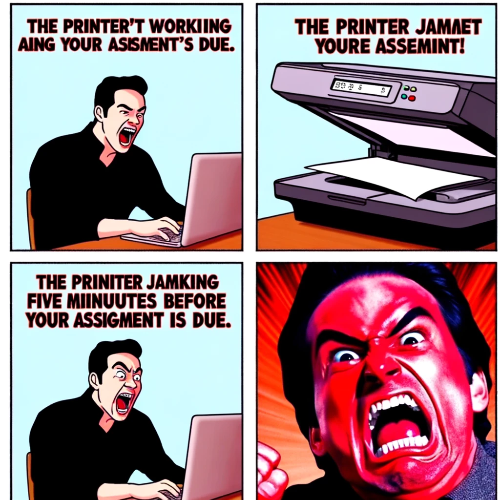 A three-panel meme titled "The Printer Isn’t Working Five Minutes Before Your Assignment is Due." Panel 1: A student confidently hitting 'print' on their computer in a study room. Panel 2: The printer jamming or displaying an error message. Panel 3: The student's face turning red with anger and panic, with exaggerated expressions of frustration.