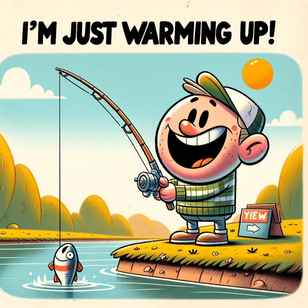 A cartoonish fisherman standing by a river, holding a fishing rod with a comically small fish on an oversized hook. The fisherman has an exaggeratedly optimistic and happy expression. The setting is sunny and cheerful. In a bold font, there's a caption at the bottom that reads, "I'm just warming up!". The style is colorful and lively, capturing a humorous and light-hearted moment.