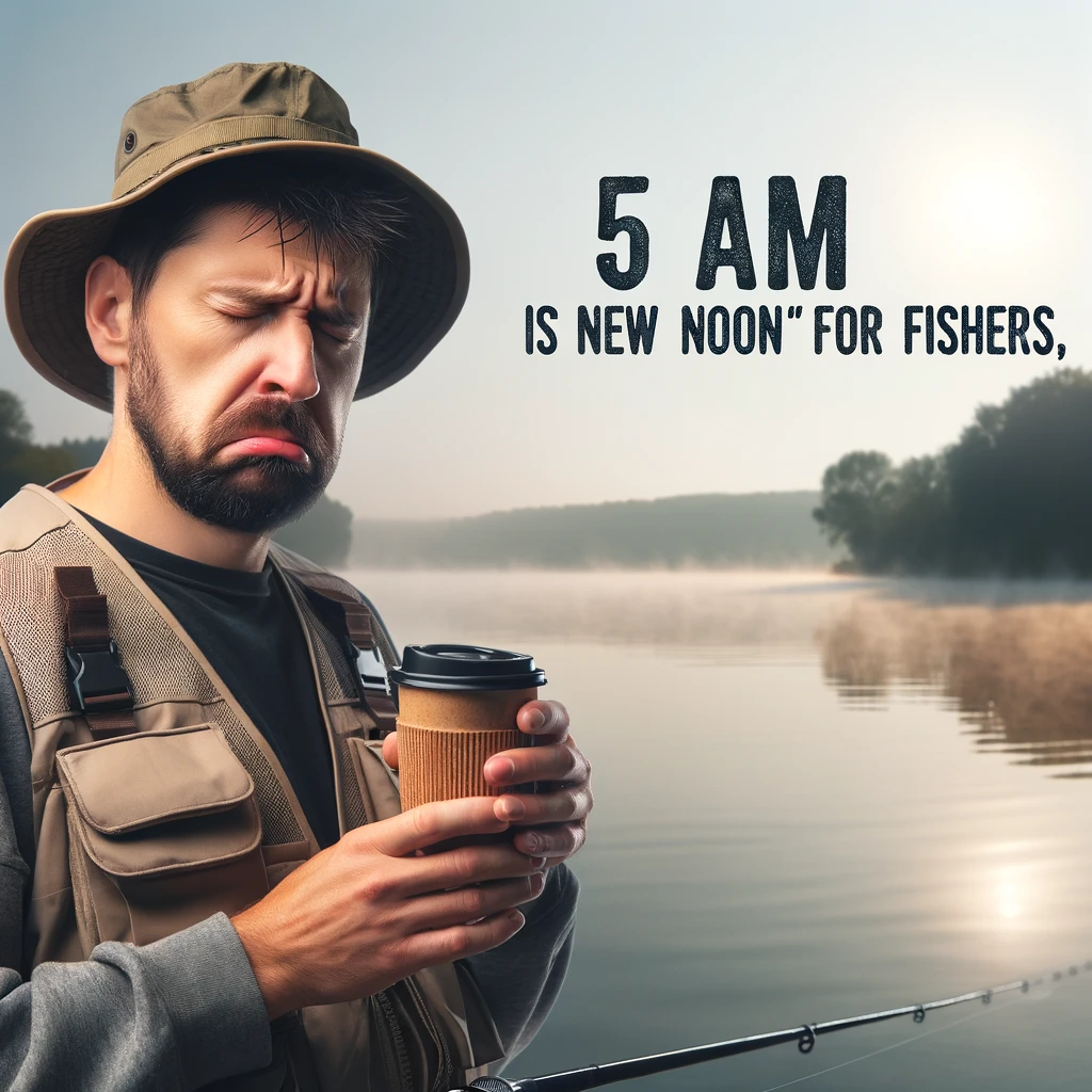 An image of a fisherman looking extremely sleepy, holding a coffee cup, standing by the water early in the morning. The fisherman is dressed in typical fishing gear, with a hat and vest, and looks like he just woke up. The background shows a serene lake with the sun just starting to rise, casting a soft light on the scene. There's a faint mist over the water. The caption reads, "5 AM is the new noon for fishers," in a bold, easy-to-read font.