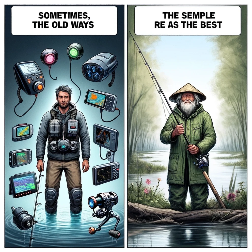 A two-panel meme comparing a fisherman with high-tech gear and a fisherman with a simple rod and reel. In the first panel, the high-tech fisherman looks baffled and overwhelmed, surrounded by advanced fishing equipment like electronic fish finders, a high-tech fishing rod, and wearing futuristic clothing. In the second panel, a traditional fisherman looks content with a simple rod and reel, standing by a peaceful river. The caption reads, "Sometimes, the old ways are the best," in a clear, humorous font.