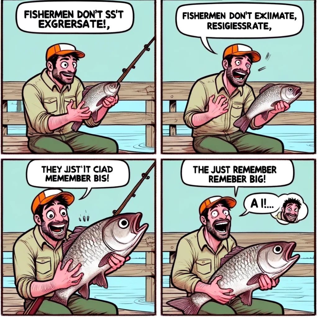 A multi-panel comic meme of a fisherman telling a story. In the first panel, the fisherman is shown holding a small fish and talking to his friend. In the subsequent panels, as the story progresses, the fish in his hands gradually becomes larger and larger, until it's ridiculously huge in the final panel. The fisherman's expressions become more animated and excited with each panel. The background is a simple outdoor setting, perhaps near a lake. The caption reads, "Fishermen don't exaggerate, they just remember big!" in a playful font.