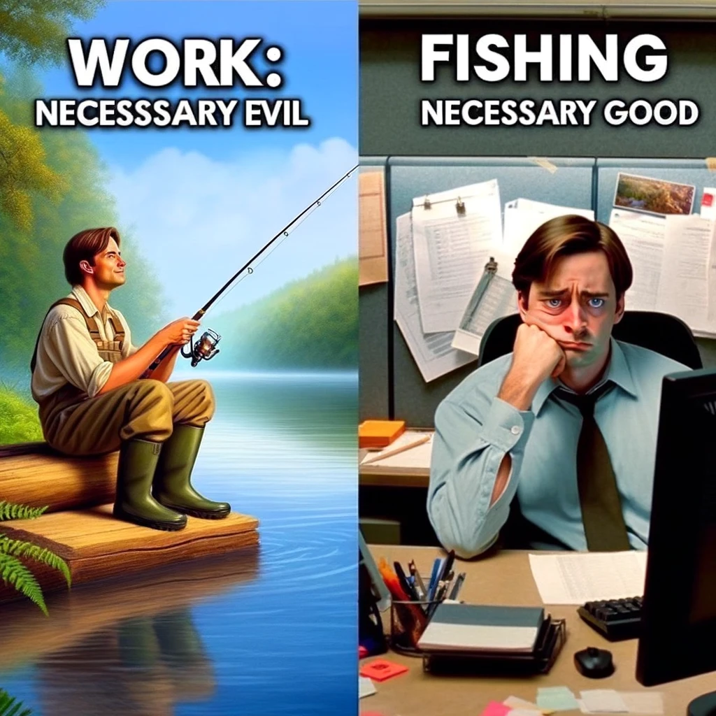 A split image meme showing the contrast between fishing and work. On the left side, a fisherman is blissfully casting a line in a beautiful natural setting, possibly a river or lake, with a serene and happy expression. The right side shows the same person looking miserable in office attire, sitting in a drab, cluttered office cubicle, staring at a computer screen with a gloomy expression. The caption reads, "Work: Necessary evil. Fishing: Necessary good," divided between the two sides in a contrasting, expressive font.