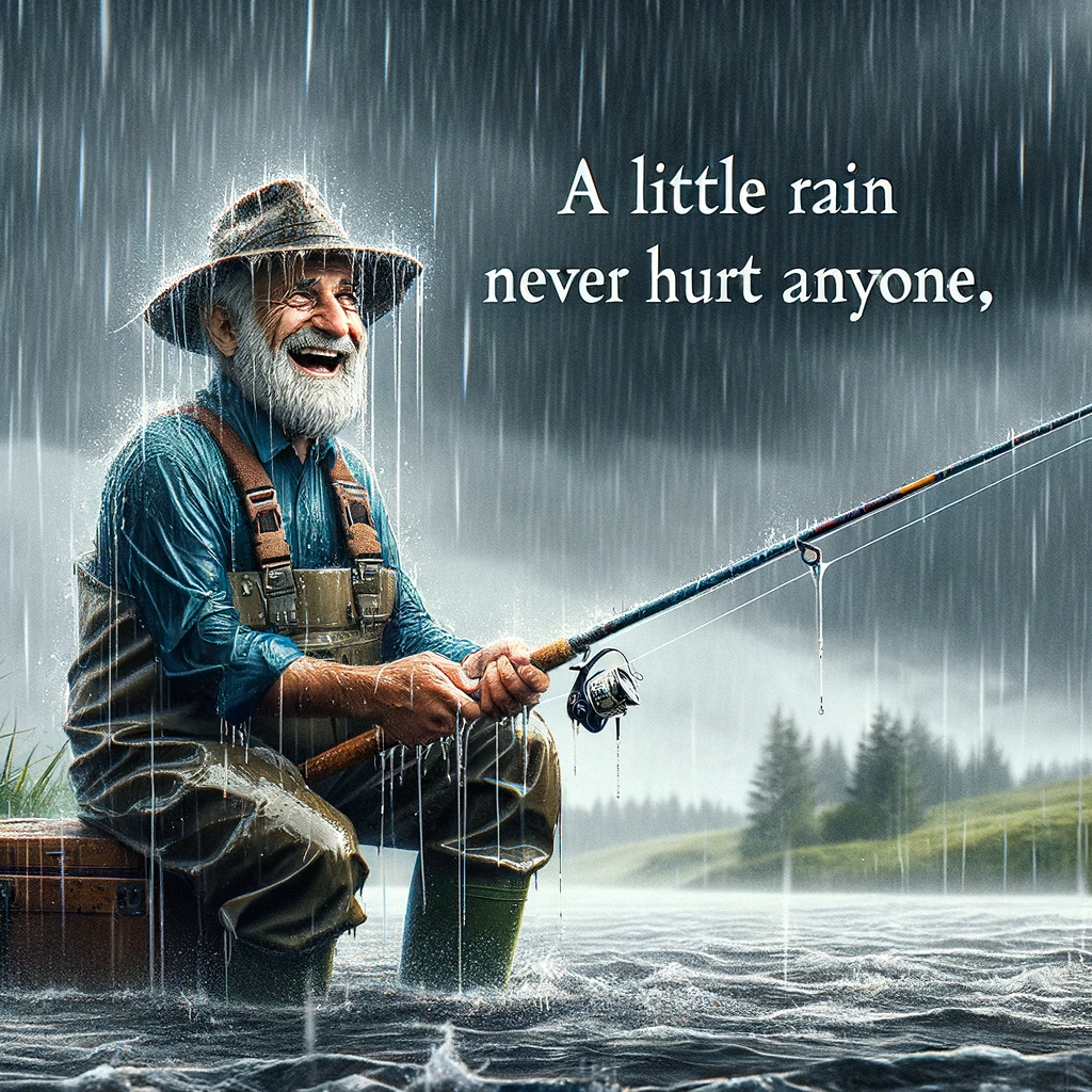 An image showing a fisherman fishing in the pouring rain. The fisherman is completely drenched, water dripping from his hat and clothes, but has a big smile on his face, embodying an optimistic attitude. He is standing in a rain-soaked landscape, perhaps by a river or lake, with heavy rain visibly falling around him. The background should have dark clouds and a sense of a heavy downpour. The caption reads, "A little rain never hurt anyone," in a bold, cheerful font.