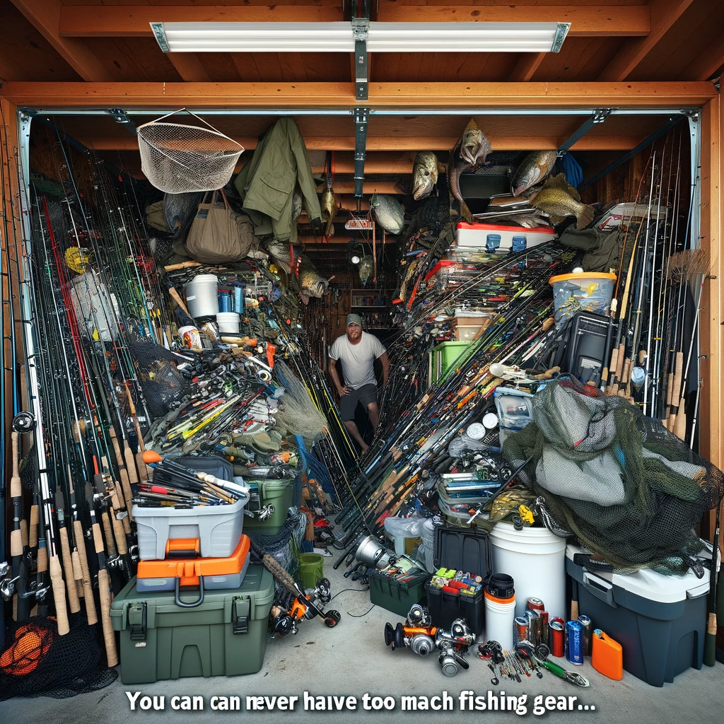 An image depicting a garage overflowing with fishing gear, showing an excessive collection. The garage is filled with fishing rods, tackle boxes, nets, waders, and other fishing equipment, piled up in a somewhat chaotic manner. A person is peeking through a small opening in the midst of all the gear, barely visible. The scene should convey a sense of humor about the excessive amount of fishing equipment. The caption at the bottom reads, "You can never have too much fishing gear," in a playful, bold font.