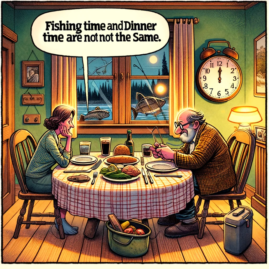 A comic image depicting a spouse waiting at a dinner table, looking at the clock on the wall with a mix of impatience and amusement. The table is set for dinner, with a plate of food getting cold. The room has a cozy, homey feel, with warm lighting. Outside the window, it's getting dark, suggesting the lateness of the hour. The caption reads, "Fishing time and dinner time are not the same," in a lighthearted, whimsical font.