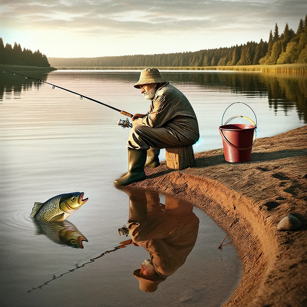 An image of a dejected fisherman sitting on the shore with an empty bucket beside him. The fisherman looks sad and frustrated, staring at the water. In the background, a fish is jumping out of the water, just out of the fisherman's line of sight, adding to the irony of the situation. The surrounding is a calm lakeside or riverbank, with a serene natural landscape. The caption at the bottom reads, "It's called fishing, not catching," in a humorous, slightly sarcastic font.