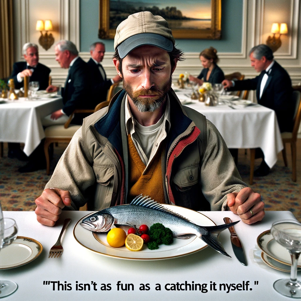 An image of a fisherman looking skeptically at a plate of fish in a fancy restaurant. The fisherman is dressed in casual clothing, contrasting with the upscale dining setting. The expression on his face is one of disappointment or skepticism. The plate of fish is elegantly presented but looks unappealing to the fisherman. Caption at the bottom reads, "This isn't as fun as catching it myself." The setting should have elements indicating it's a high-end restaurant, like fine china, a fancy tablecloth, and an elegant dining room in the background.