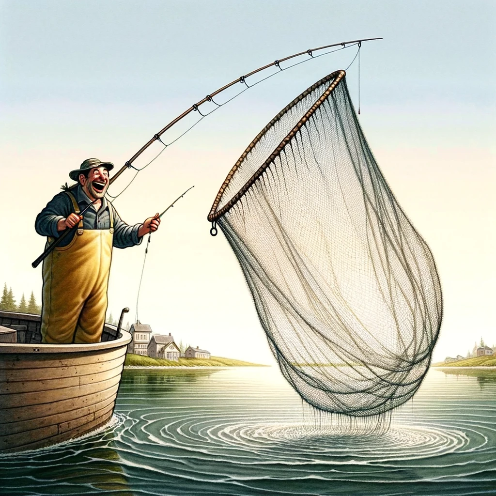 A picture of a completely empty fishing net, with a fisherman looking at it with a big smile. The fisherman is dressed in typical fishing gear and stands on a boat or near a body of water. The net is noticeably empty, emphasizing the lack of catch. The fisherman's expression is one of genuine happiness and optimism, contrasting with the empty net. Caption at the bottom reads, "It's about the journey, not the catch." The scene should convey a sense of enjoyment and contentment despite the lack of fish, highlighting the fisherman's optimistic attitude.