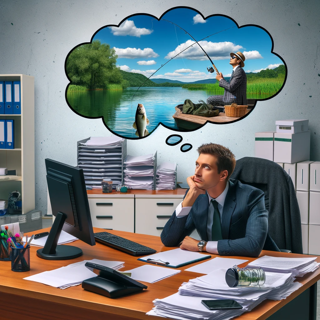 A photo of a person in business attire daydreaming at their office desk. The person is dressed in formal office clothes, sitting at a desk cluttered with papers and a computer, looking bored or distracted. Above their head is a thought bubble, showing them fishing on a serene lake. The lake scene in the thought bubble should be peaceful and picturesque, contrasting sharply with the dull office environment. The person's expression should convey longing or daydreaming. Title at the top reads, "Monday through Friday vs. Saturday and Sunday." This image captures the contrast between office life and the joy of fishing on weekends.