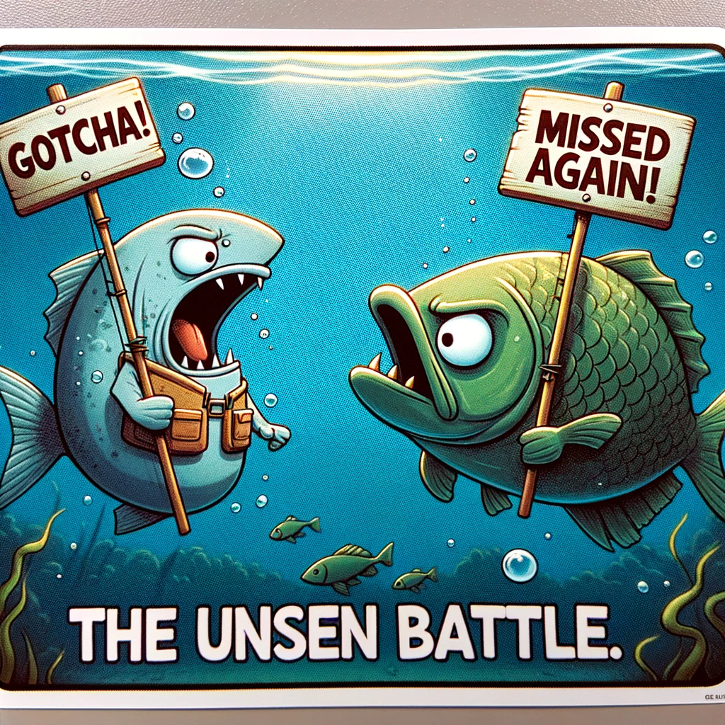 A cartoon image of a fisherman underwater facing a big fish. Both are holding signs. The fisherman's sign reads 'Gotcha!' and the fish's sign reads 'Missed again!'. The scene should convey a humorous and playful underwater battle. Caption the image with 'The unseen battle.'