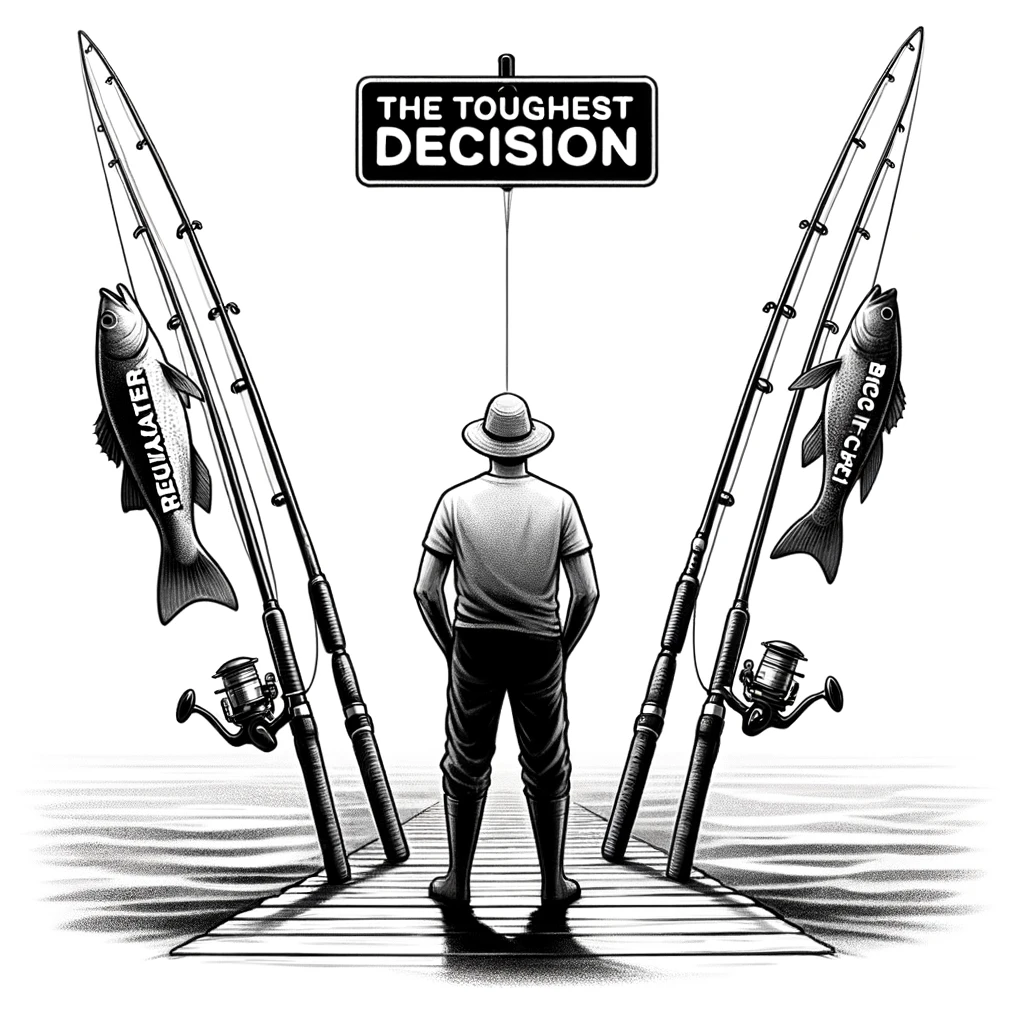 An image of a fisherman standing between two fishing rods. One rod is labeled 'Relaxation' and the other 'Big Catch'. The fisherman appears indecisive and thoughtful. The image should have a humorous tone, highlighting the dilemma of choosing between a relaxing fishing experience or aiming for a big catch. Caption the image with 'The toughest decision.'