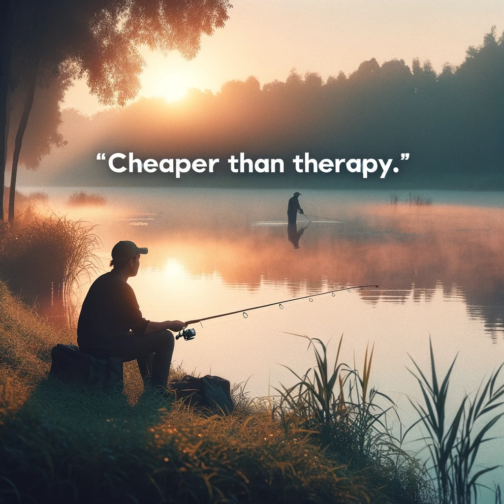 A serene and beautiful image of a person fishing alone by a lake at sunrise. The scene should be calm and tranquil, with soft colors reflecting the peaceful morning. The person is relaxed and focused on fishing, surrounded by nature. Caption the image with 'Cheaper than therapy.', emphasizing the therapeutic aspect of fishing.