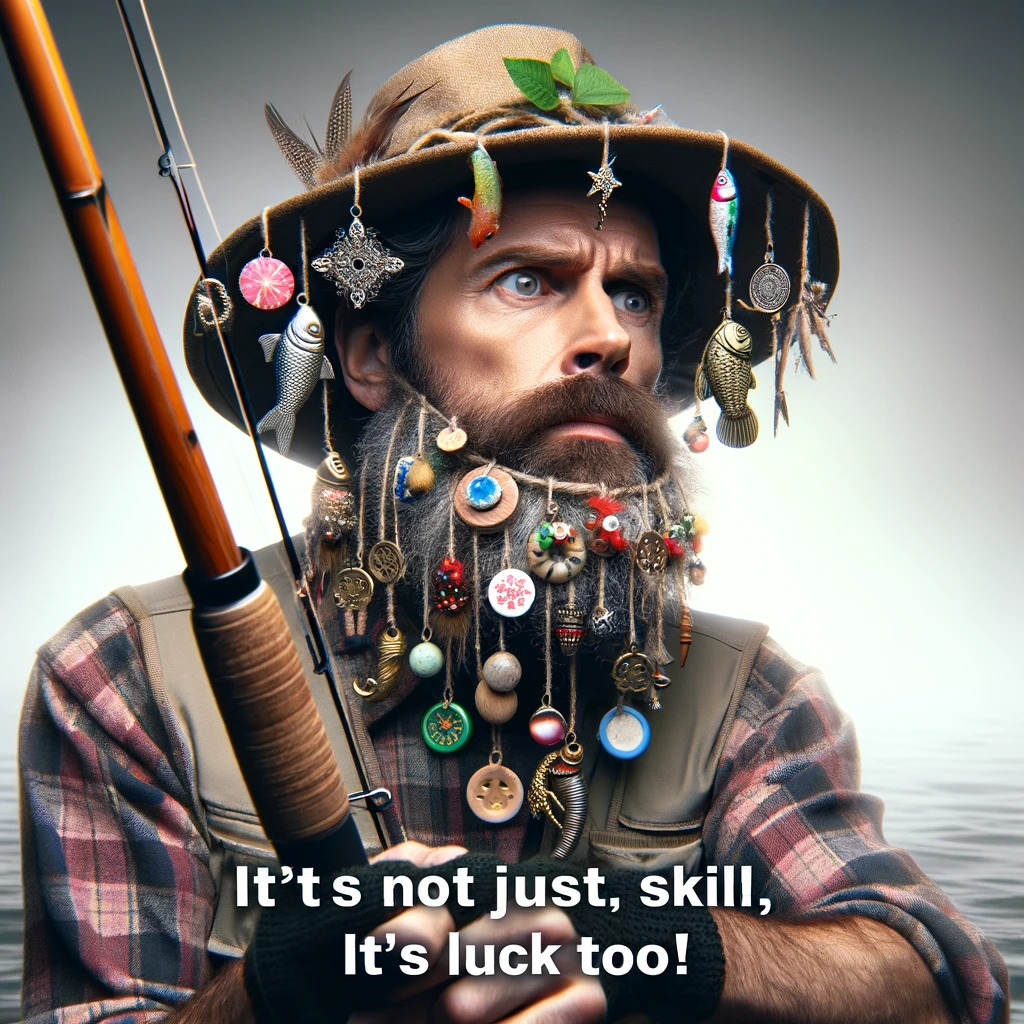 Create an image of a fisherman adorned with various lucky charms around his neck and on his hat. He should be intently staring at the water with a look of concentration and belief in luck. The image should have a humorous and lighthearted feel, showcasing the superstitious nature of the fisherman. Caption it with 'It's not just skill, it's luck too!' to emphasize the reliance on superstitions for fishing success.