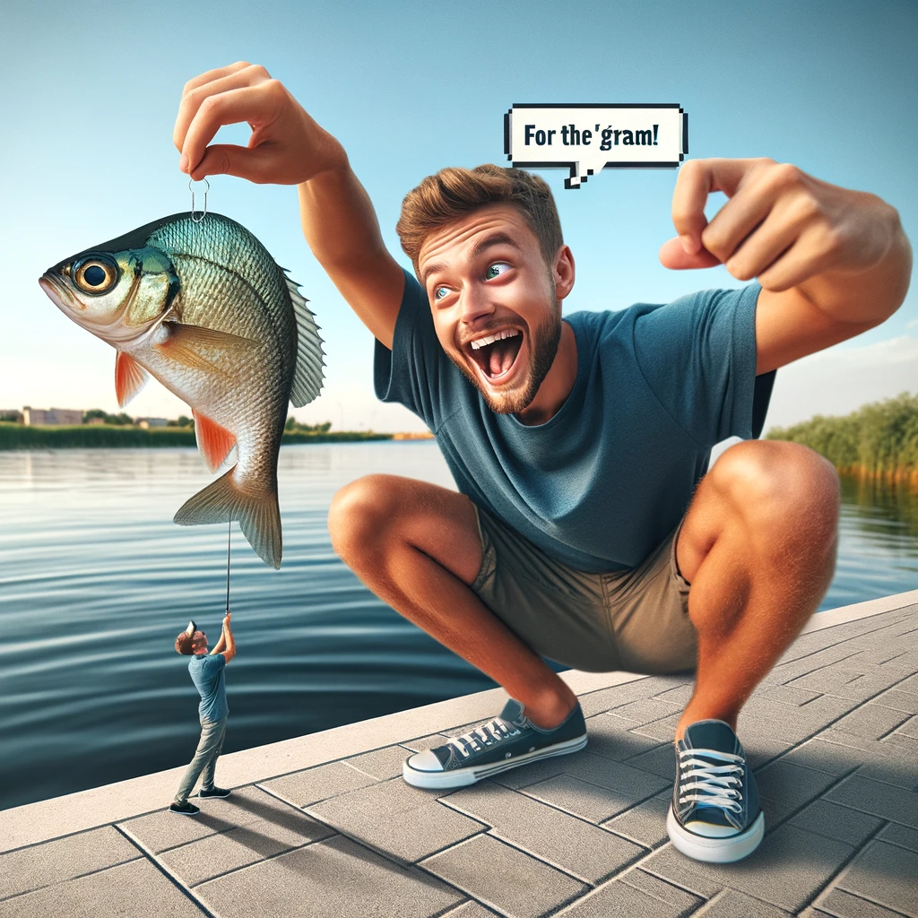 An image of a person posing with a small fish, using forced perspective to make it look huge. The person should appear excited and proud, as if showcasing a big catch. The setting can be outdoors, near a body of water. The humorous and playful tone of the image should highlight the contrast between the actual size of the fish and its perceived size. Caption the image with 'For the 'Gram!' to indicate the motivation for the exaggerated display.