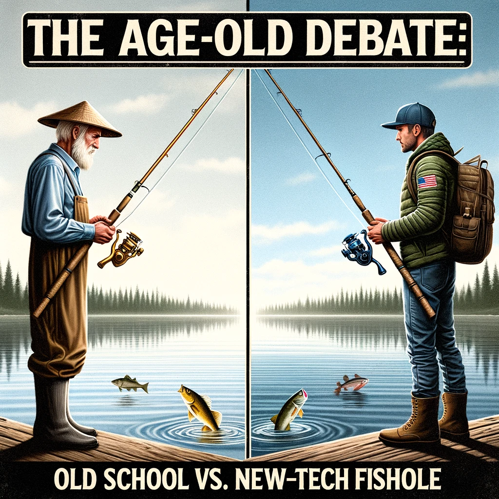 "The Age-Old Debate": A split image showing a fisherman on the left using a traditional fishing rod, dressed in simple clothes, beside a calm lake. On the right, another fisherman with the latest high-tech fishing gear, wearing modern, high-tech attire, standing beside the same lake. Both are focused on fishing. A caption at the bottom reads, "Old school vs. New school: The eternal fishing debate."