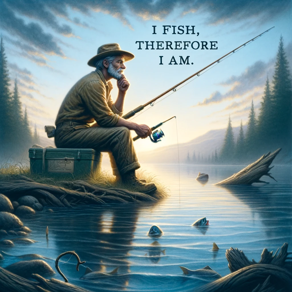 "The Fishing Philosopher": An image of a thoughtful fisherman sitting by the water's edge, in a serene and peaceful setting. The fisherman is gazing into the distance, holding a fishing rod, and pondering. Above him is a caption bubble with the quote, "I fish, therefore I am." The scene conveys a sense of contemplation and connection with nature.