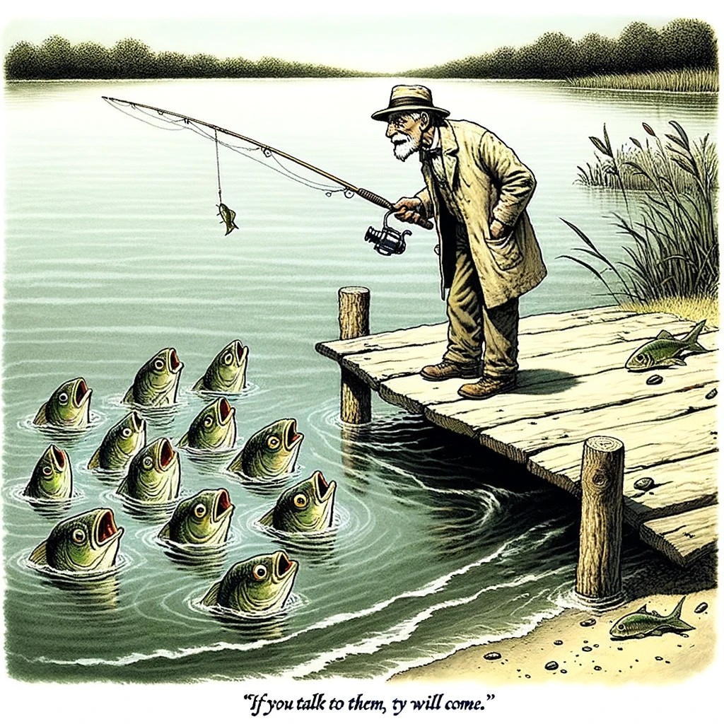 "The Fish Whisperer": An image depicting a fisherman standing at the edge of a lake, leaning towards the water, as if speaking to it. Several fish are peeking out of the water, looking towards the fisherman with confused expressions. The scene is whimsical and humorous. A caption at the bottom reads, "If you talk to them, they will come."