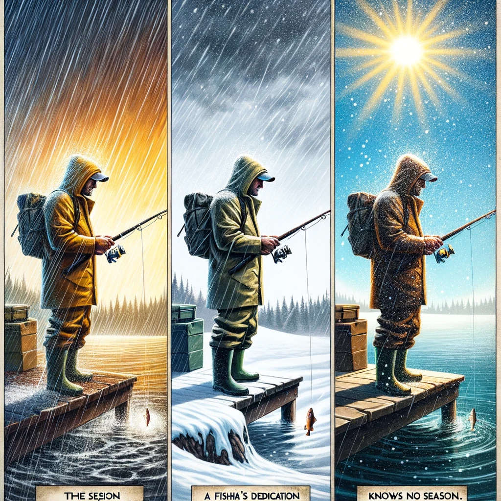 "The Dedicated Fisherman": A composite image showing the same person standing in three different weather conditions: rain, snow, and bright sunlight, each in a separate panel. The person is fishing in all these conditions, showcasing a relentless passion for fishing. The caption at the bottom of the image reads, "A fisherman's dedication knows no season."