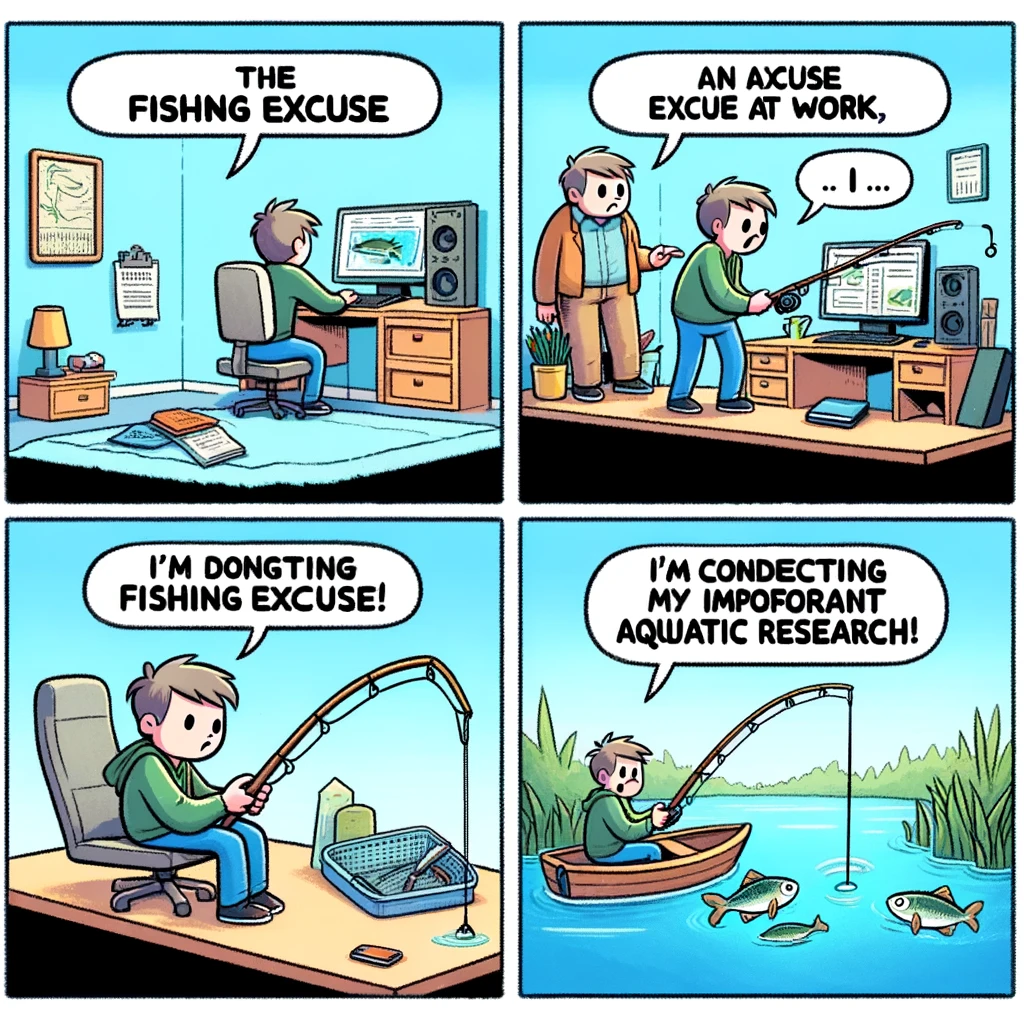 "The Fishing Excuse": A comic strip style image with four panels. The first panel shows a person at home, the second panel has them making an excuse at work, the third shows them telling a story to a friend, and the final panel has them by a lake with a fishing rod, saying, "I'm conducting important aquatic research!" Each panel should have a humorous tone, showing the progression of excuses leading to fishing.