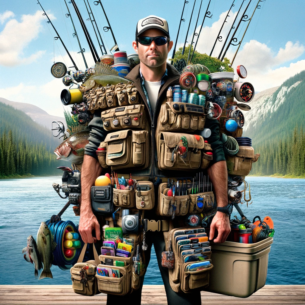 "The Fishing Fashionista": An image of a fisherman fully equipped with a vest overloaded with countless pockets, gadgets, and various fishing gear. The fisherman looks proud and ready for any fishing scenario. The background is a scenic fishing spot. The caption at the bottom reads, "Fishing: where fashion meets functionality." The style is humorous and slightly exaggerated to emphasize the abundance of gear.