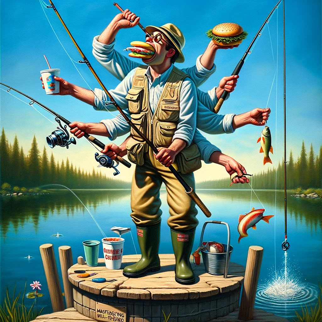 "The Multi-Tasking Angler": An image depicting a fisherman trying to do multiple things at once. One hand is holding a fishing rod, the other is eating a sandwich, and he's also trying to drink from a cup perched nearby. The setting is a beautiful lakeside. The scene is comical, showing the fisherman in a somewhat clumsy yet determined posture. The caption at the bottom reads, "Mastering the art of multi-tasking."