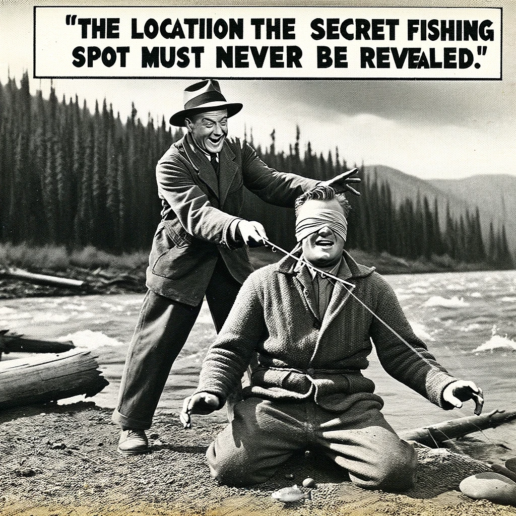 "The Secret Spot": An image of a fisherman blindfolded, being led to a fishing spot by another person. The setting is a remote, scenic outdoor area, possibly a forest or a riverbank. The person leading is pointing to the spot with excitement, while the blindfolded fisherman appears curious and expectant. The caption reads, "The location of the secret fishing spot must never be revealed." The tone is mysterious and humorous.