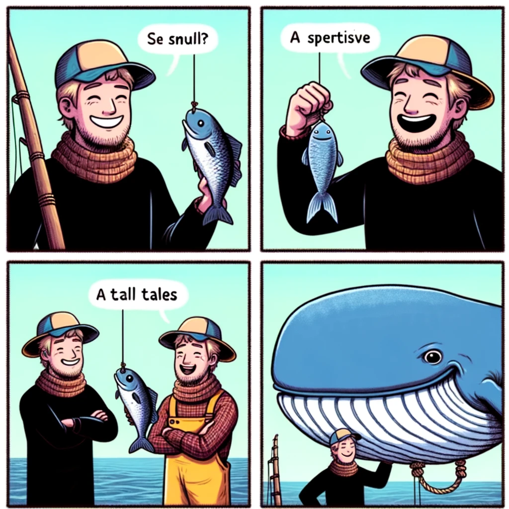 A four-panel comic meme titled 'The Competitive Fisherman'. Panel 1: A fisherman proudly holding a small fish, smiling. Panel 2: Another fisherman beside the first, holding a slightly larger fish, looking competitive. Panel 3: The first fisherman again, now with an even bigger fish, looking triumphant. Panel 4: The second fisherman triumphantly holding a gigantic whale, absurdly oversized. Caption at the bottom reads, 'Fisherman's rivalry: a tale of tall tales.'