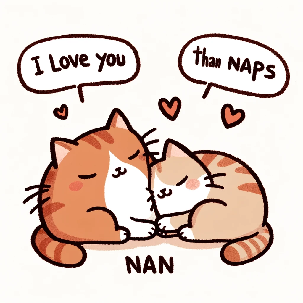 Two cats snuggling together, one with a speech bubble saying, "I love you more than naps," and the other cat responding with a heart symbol. The scene should be cozy and affectionate, capturing a warm and loving moment between the two cats.