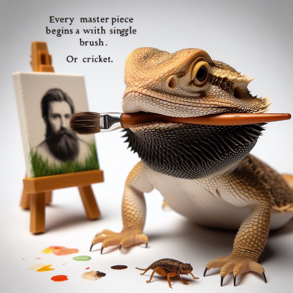 A bearded dragon with a paintbrush gently held in its mouth, sitting in front of a tiny canvas. The caption reads: 'Every masterpiece begins with a single brush... or cricket.'