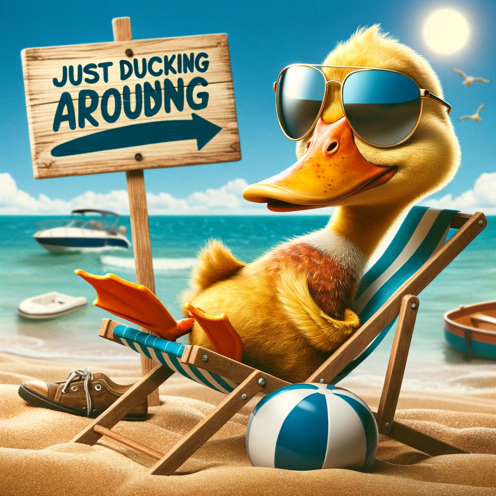 A cool-looking duck wearing sunglasses, lounging on a beach chair against a sunny beach background. Include a caption that reads, "Just ducking around!"