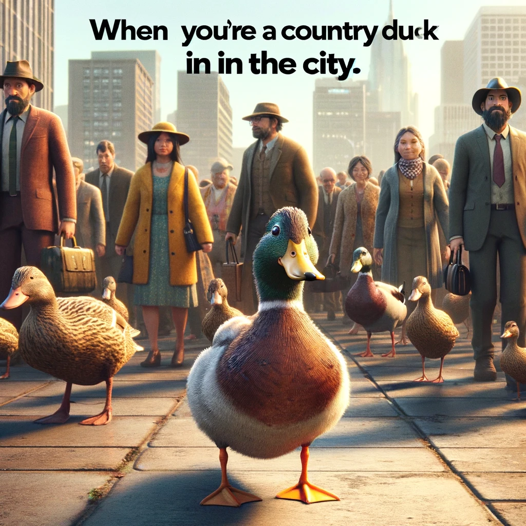 A duck with a puzzled expression, standing in a crowded urban area. Include a caption that says, "When you're a country duck in the city."