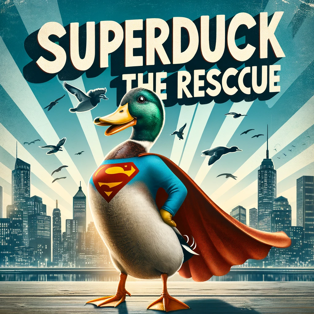 An image of a duck striking a heroic pose with a cape, against a backdrop of a city skyline. Include a caption that reads, "Superduck to the rescue!"