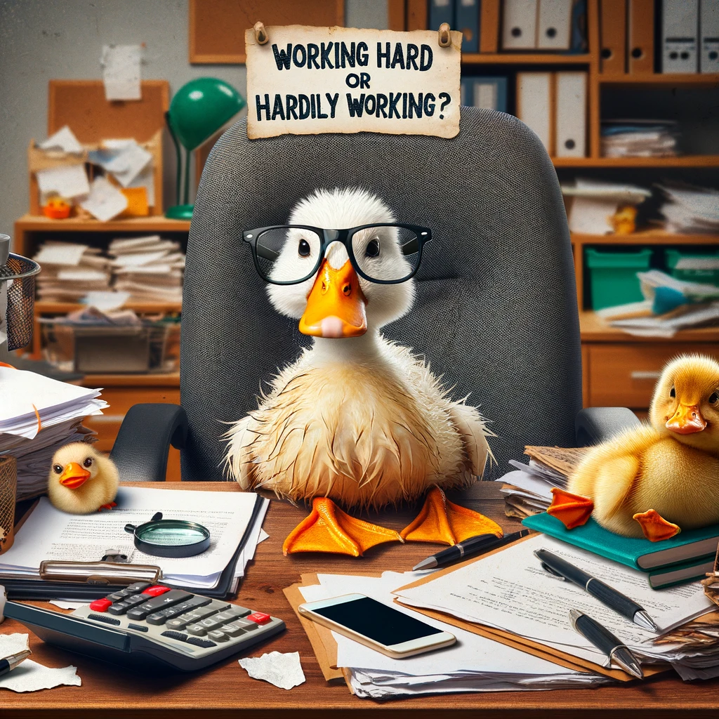 A duck sitting at a cluttered office desk, wearing glasses and looking tired. Include a caption that reads, "Working hard or hardly working?"
