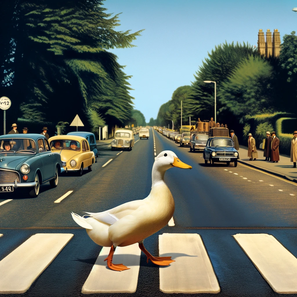 A duck confidently crossing a busy road with cars stopped, resembling The Beatles' Abbey Road cover. Include a caption: "Duck's own road rules!"