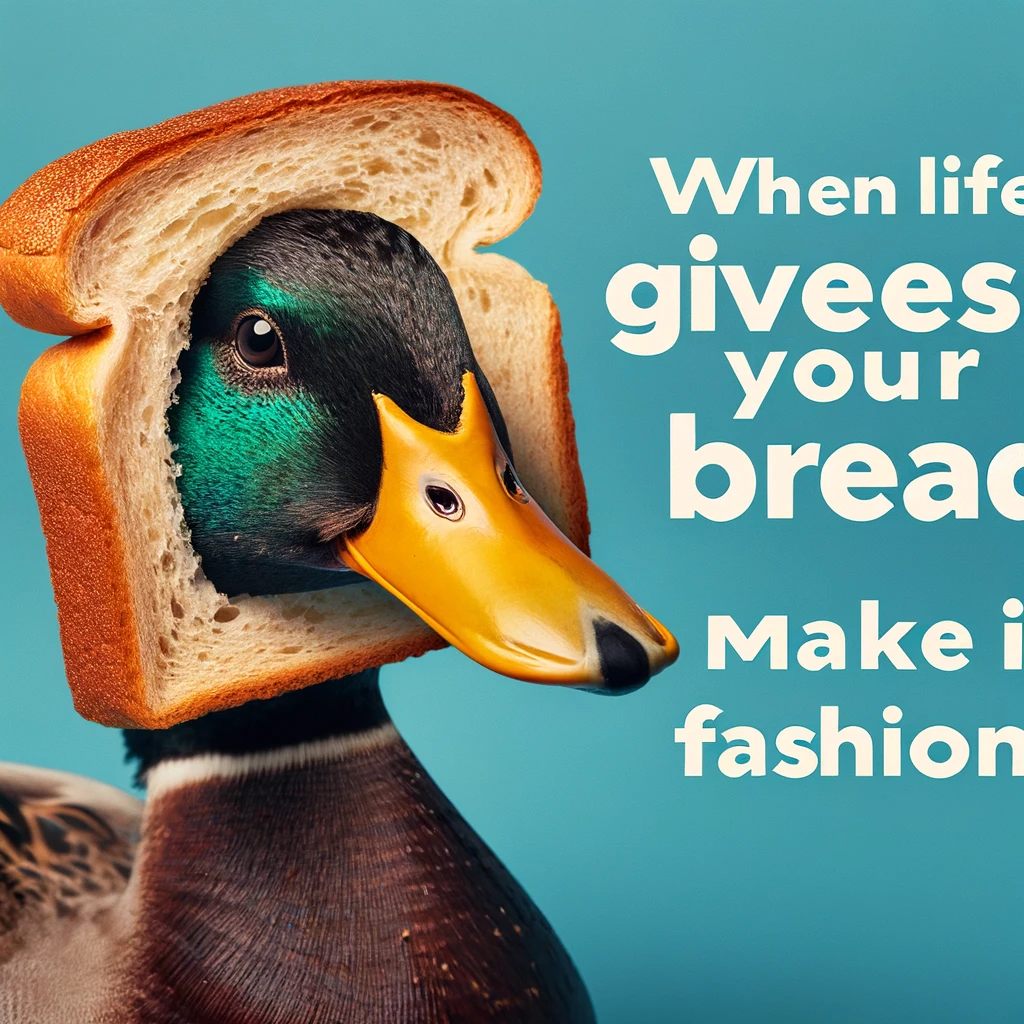A duck with a slice of bread comically placed on its head. Include a caption that reads, "When life gives you bread, make it fashion!"