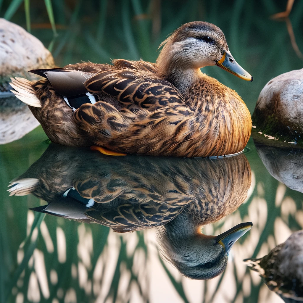 A serene duck in a pond, with a perfect reflection. Include a whimsical caption: "Mirror, mirror on the wall, who's the fairest duck of them all?"