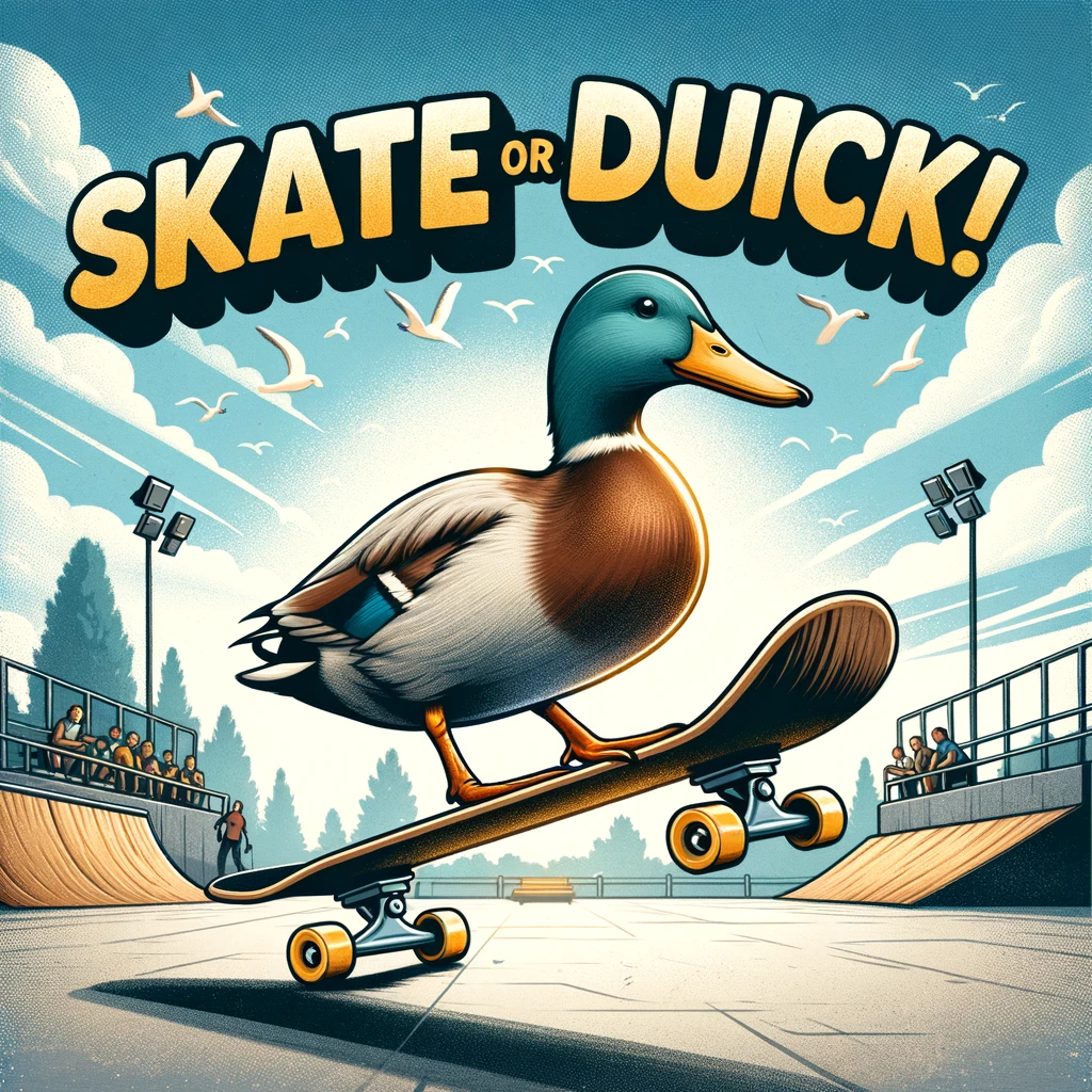 A duck skillfully riding a skateboard, with a background of a skate park. Include a caption that says, "Skate or duck!"