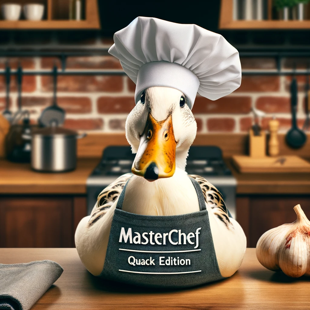 A duck wearing a chef's hat and apron, standing in a kitchen looking ready to cook. Include a caption: "Masterchef Quack Edition."