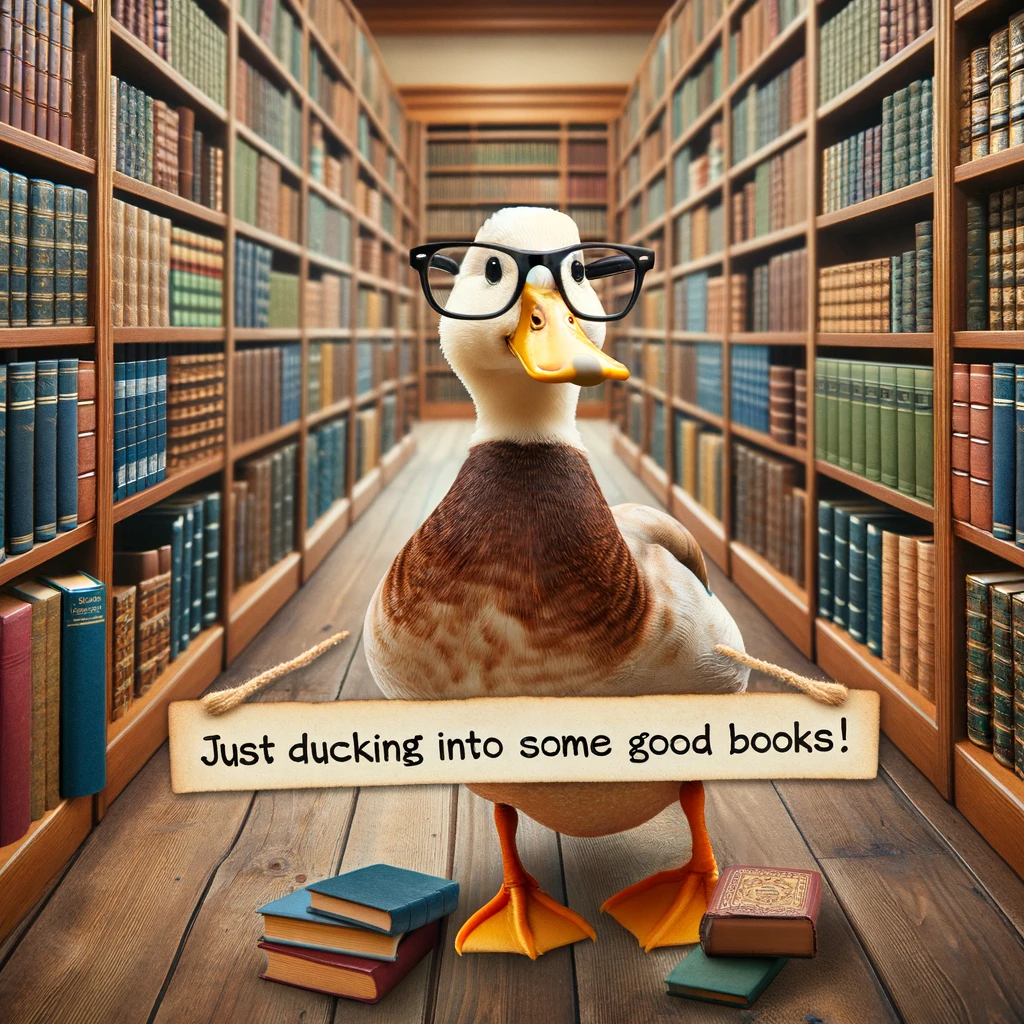 A duck wearing small reading glasses, surrounded by towering bookshelves in a library. Include a caption that reads, "Just ducking into some good books!"