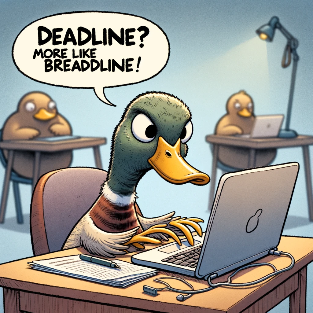 A focused duck sitting at a small desk with a laptop, looking like it's typing intensely. Include a caption that reads, "Deadline? More like breadline!"