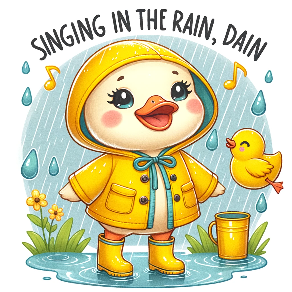 A cute duck wearing a bright yellow raincoat and boots, standing happily in the rain. Include a caption that says, "Singing in the rain, duck style!"