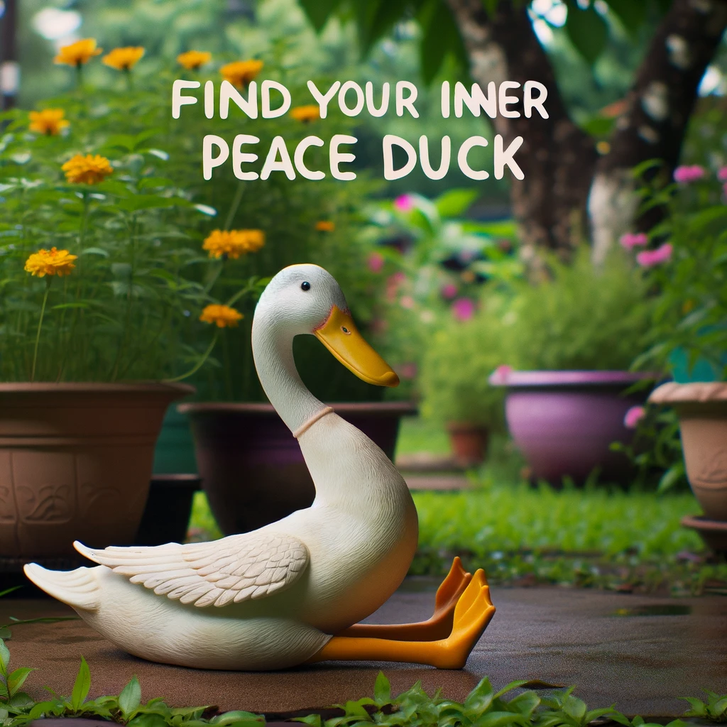 A duck in a peaceful garden, humorously positioned in a yoga pose. Include a caption that reads, "Find your inner peaceduck."