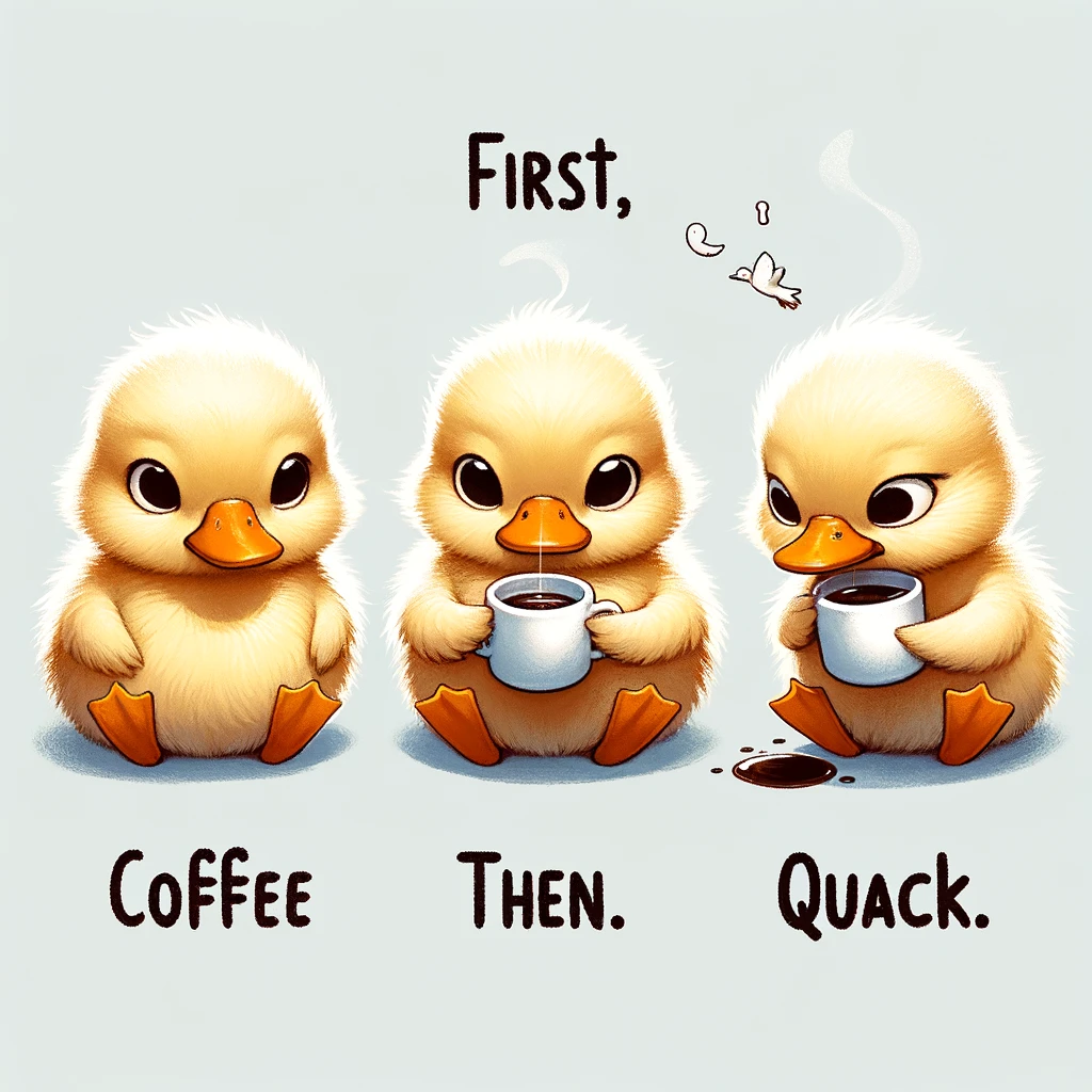 A duck holding a tiny cup of coffee, looking sleepy. Include a caption that reads, "First, coffee. Then, quack."
