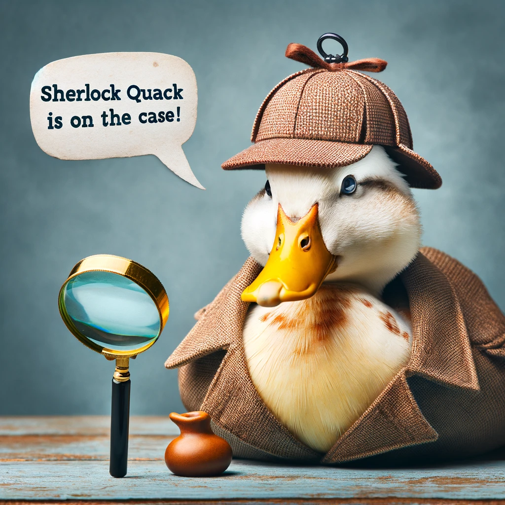 A duck wearing a detective hat and magnifying glass, looking like it's solving a mystery. Include a caption: "Sherlock Quack is on the case!"