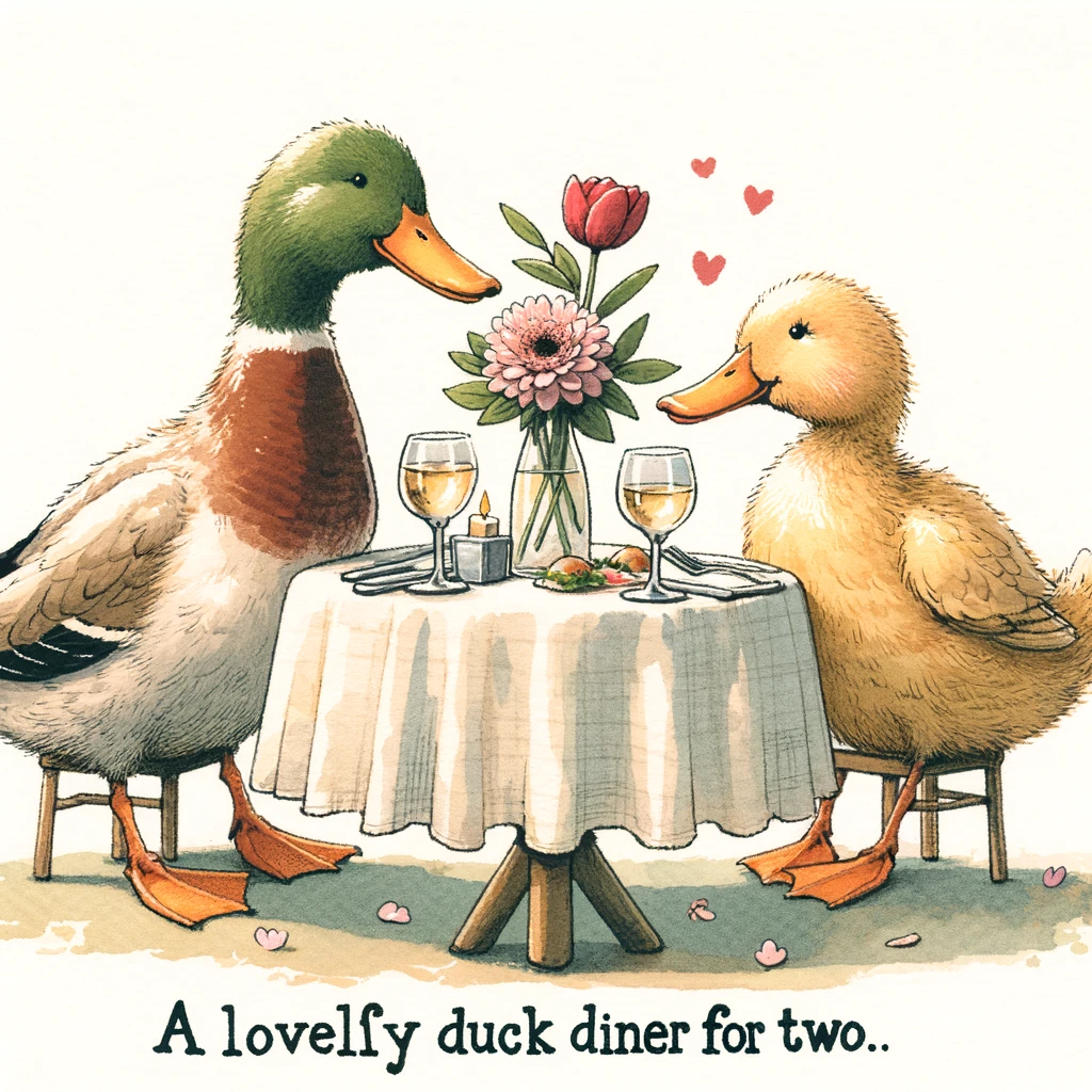 Two ducks sitting at a small, romantic table setting, one duck offering a flower to the other. Include a caption: "A lovely duck dinner for two."